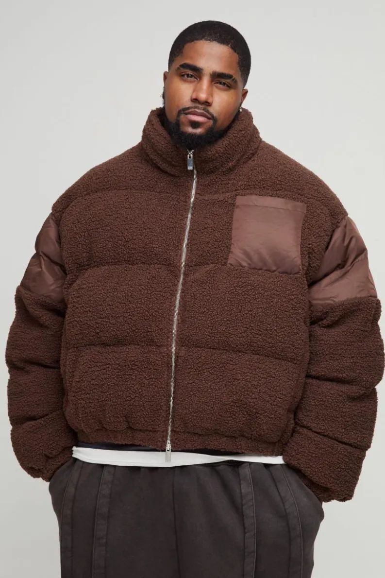 Best boohooMAN Plus Borg & Nylon Funnel Neck Puffer Jacket In chocolate