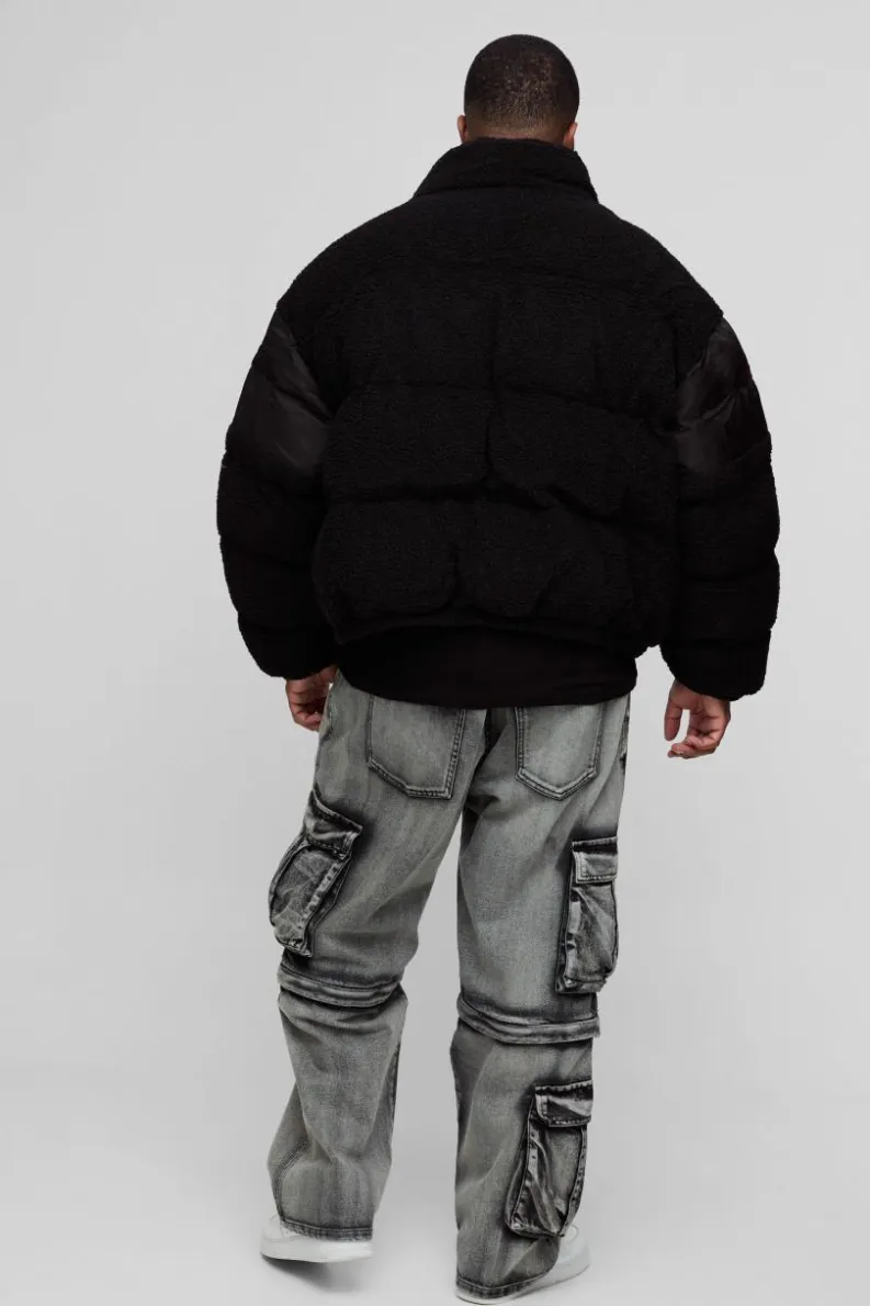 Online boohooMAN Plus Borg & Nylon Funnel Neck Puffer Jacket In black