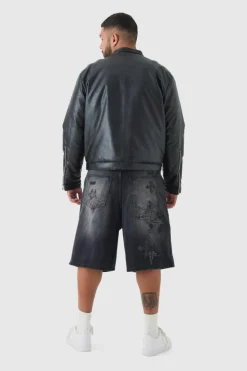 Discount boohooMAN Plus Boxy BHM PU Collarless Moto Biker Jacket In black