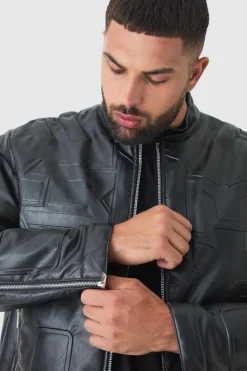 Discount boohooMAN Plus Boxy BHM PU Collarless Moto Biker Jacket In black