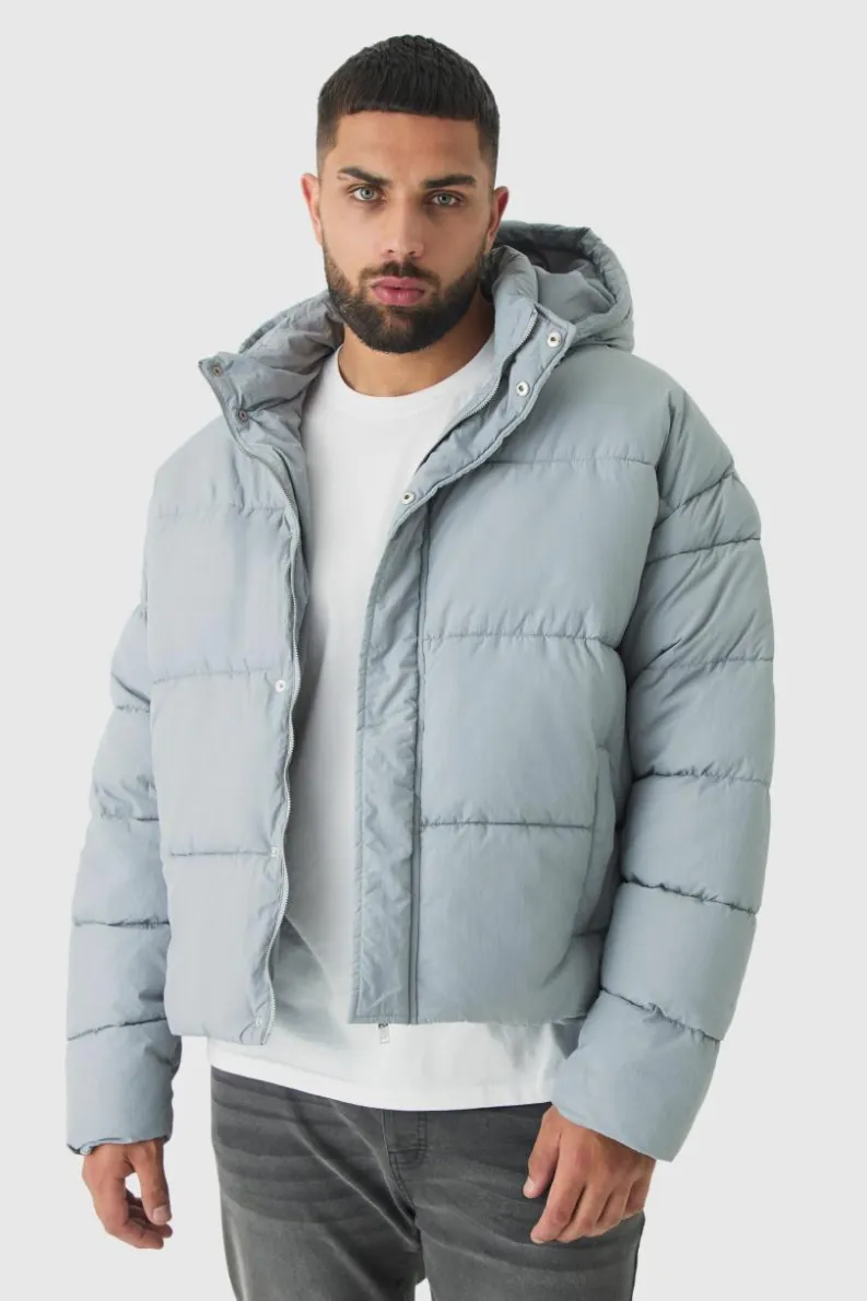 Clearance boohooMAN Plus Boxy Crinkle Nylon Puffer Jacket In light grey