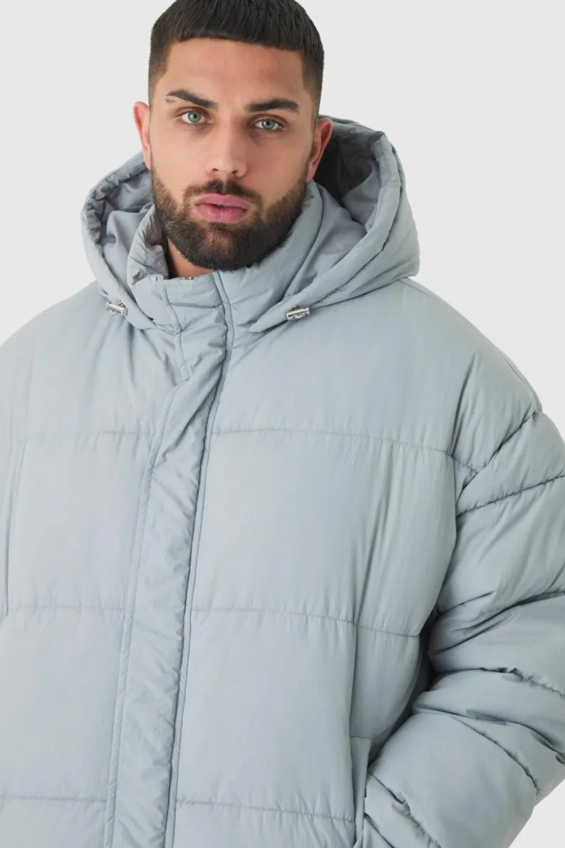 Clearance boohooMAN Plus Boxy Crinkle Nylon Puffer Jacket In light grey