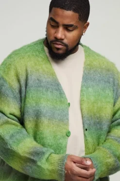 Cheap boohooMAN Plus Boxy Fit Knitted Brushed Stripe Cardigan green