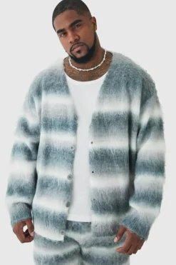 Fashion boohooMAN Plus Boxy Fit Knitted Brushed Stripe Cardigan grey