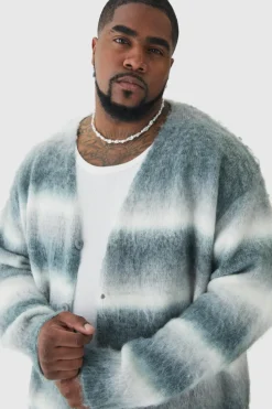 Fashion boohooMAN Plus Boxy Fit Knitted Brushed Stripe Cardigan grey