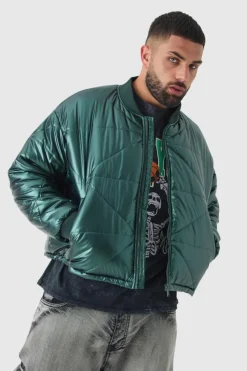 Best boohooMAN Plus Boxy Metallic Abstract Quilted Bomber Jacket In green