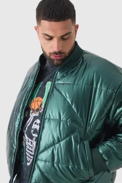 Best boohooMAN Plus Boxy Metallic Abstract Quilted Bomber Jacket In green