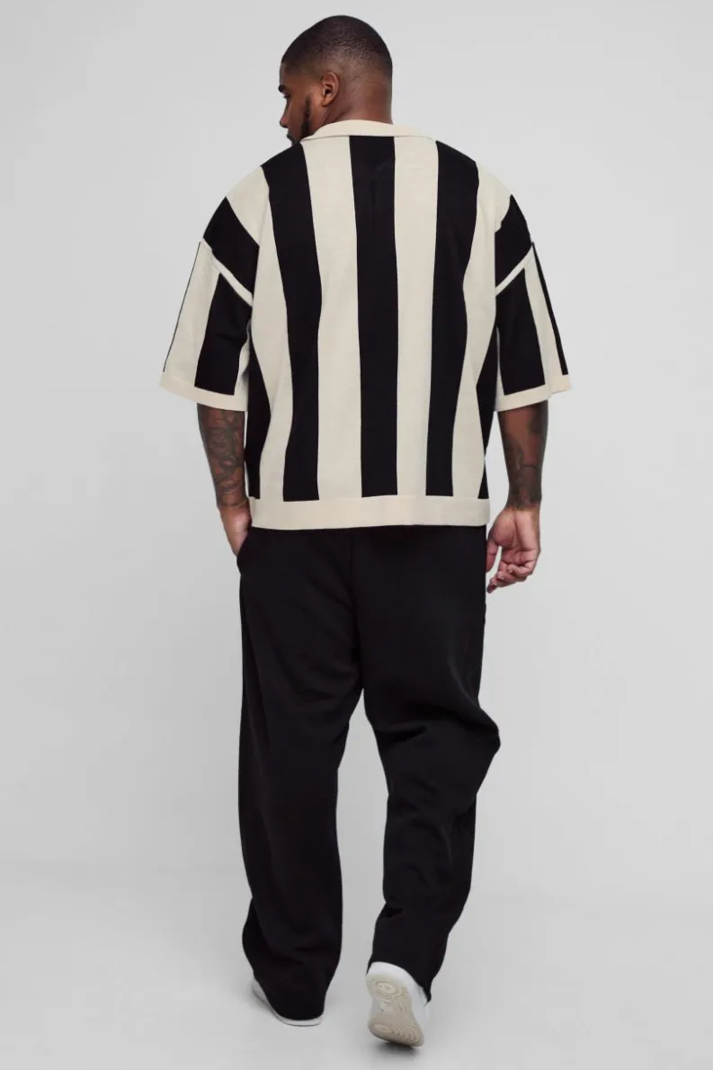 Cheap boohooMAN Plus Boxy Moto Stripe Knitted Polo black