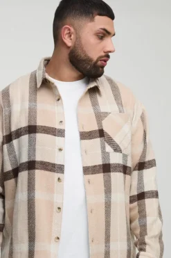 Outlet boohooMAN Plus Boxy Split Hem Brushed Check Overshirt multi