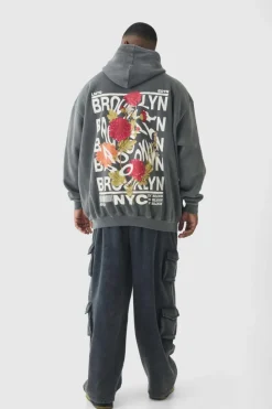 Clearance boohooMAN Plus Brooklyn Oversized Graphic Hoodie charcoal