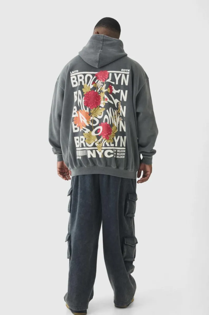 Clearance boohooMAN Plus Brooklyn Oversized Graphic Hoodie charcoal