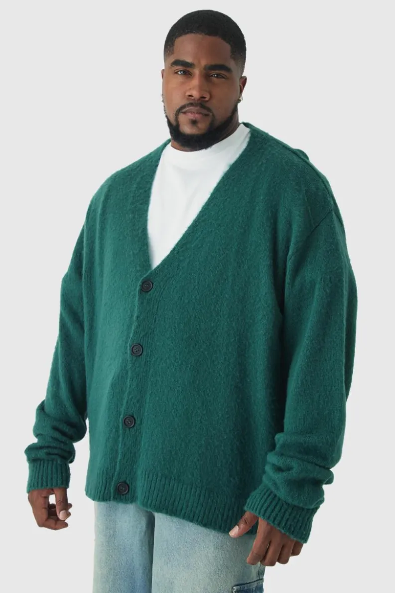 Fashion boohooMAN Plus Brushed Contrast Trim Boxy Cardigan green