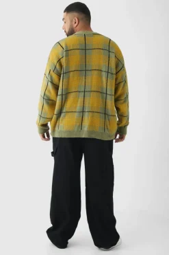 Discount boohooMAN Plus Brushed Knit Check Drop Shoulder Cardigan olive