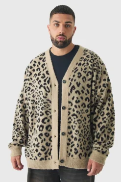 Sale boohooMAN Plus Brushed Knit Leopard Print Oversized Cardigan taupe
