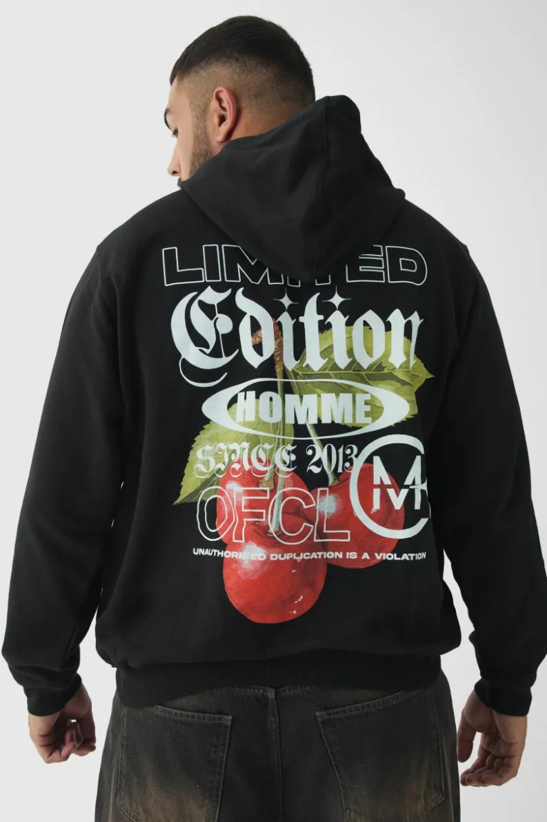 New boohooMAN Plus Cherry Graphic Back Print Oversized Hoodie black