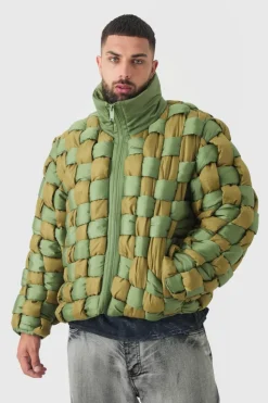 Clearance boohooMAN Plus Contrast Hand Weft Padded Puffer Jacket In khaki