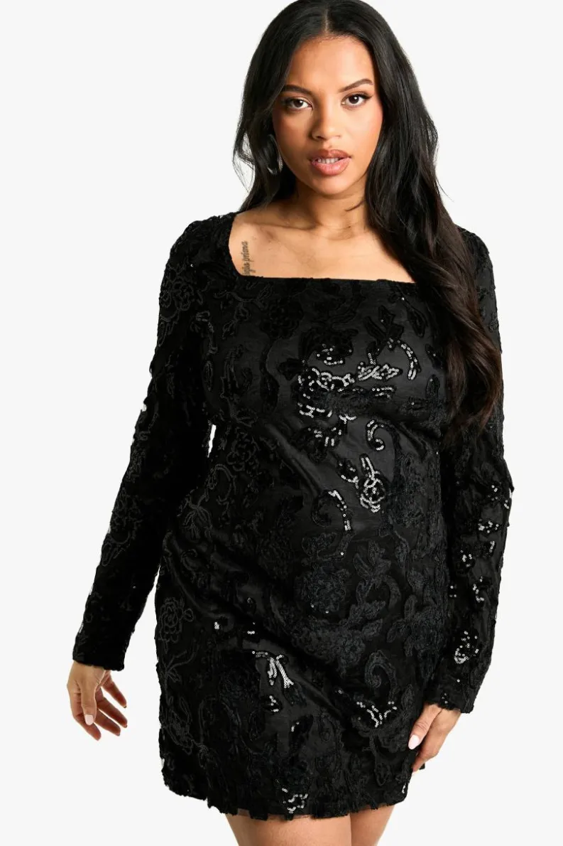 Flash Sale boohoo Plus Demask Square Neck Bodycon Dress black