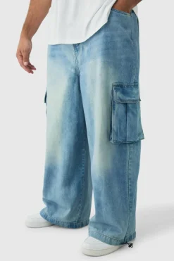 Cheap boohooMAN Plus Denim Cargo Parachute Jeans antique blue