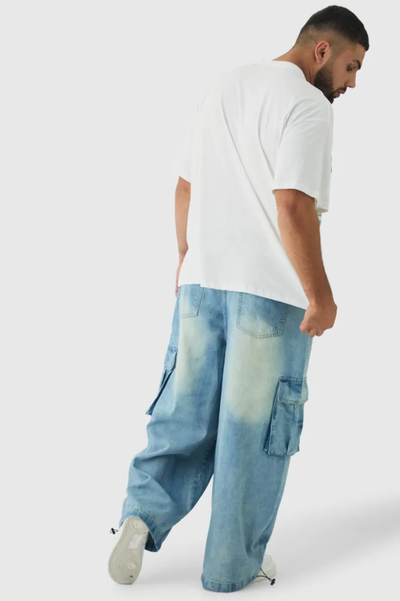 Cheap boohooMAN Plus Denim Cargo Parachute Jeans antique blue