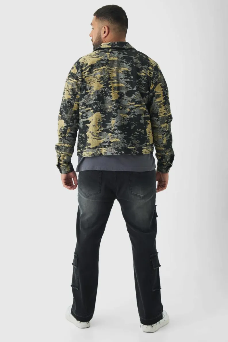 Store boohooMAN Plus Denim Fabric Interest Harrington Jacket black