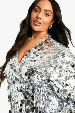 Cheap boohoo Plus Disc Sequin Wrap Flare Sleeve Dress silver
