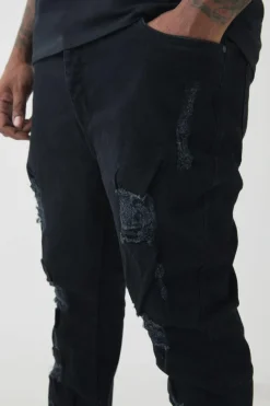 Hot boohooMAN Plus Distressed Multi Ripped Skinny Flared Jeans true black