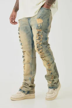 Store boohooMAN Plus Distressed Stretch Skinny Flared Jeans bleach wash