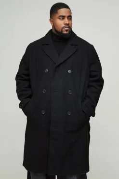 Best Sale boohooMAN Plus Double Breasted Wool Look Overcoat in black