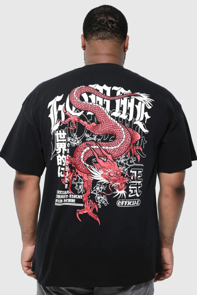 Fashion boohooMAN Plus Dragon Back Print T-shirt black