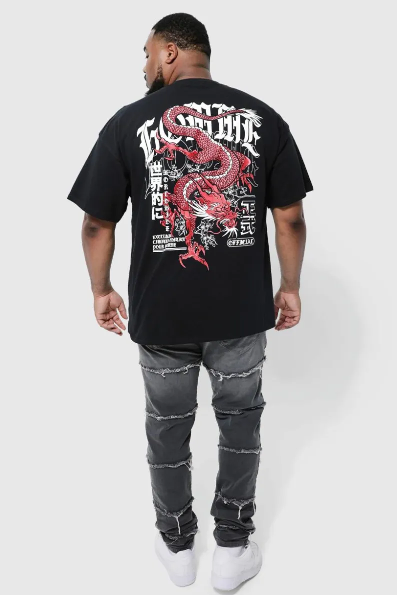 Fashion boohooMAN Plus Dragon Back Print T-shirt black