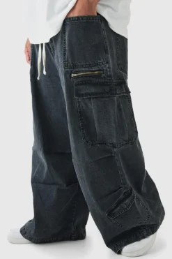 Discount boohooMAN Plus Elasticated Waist Acid Wash Parachute Cargo Jeans black