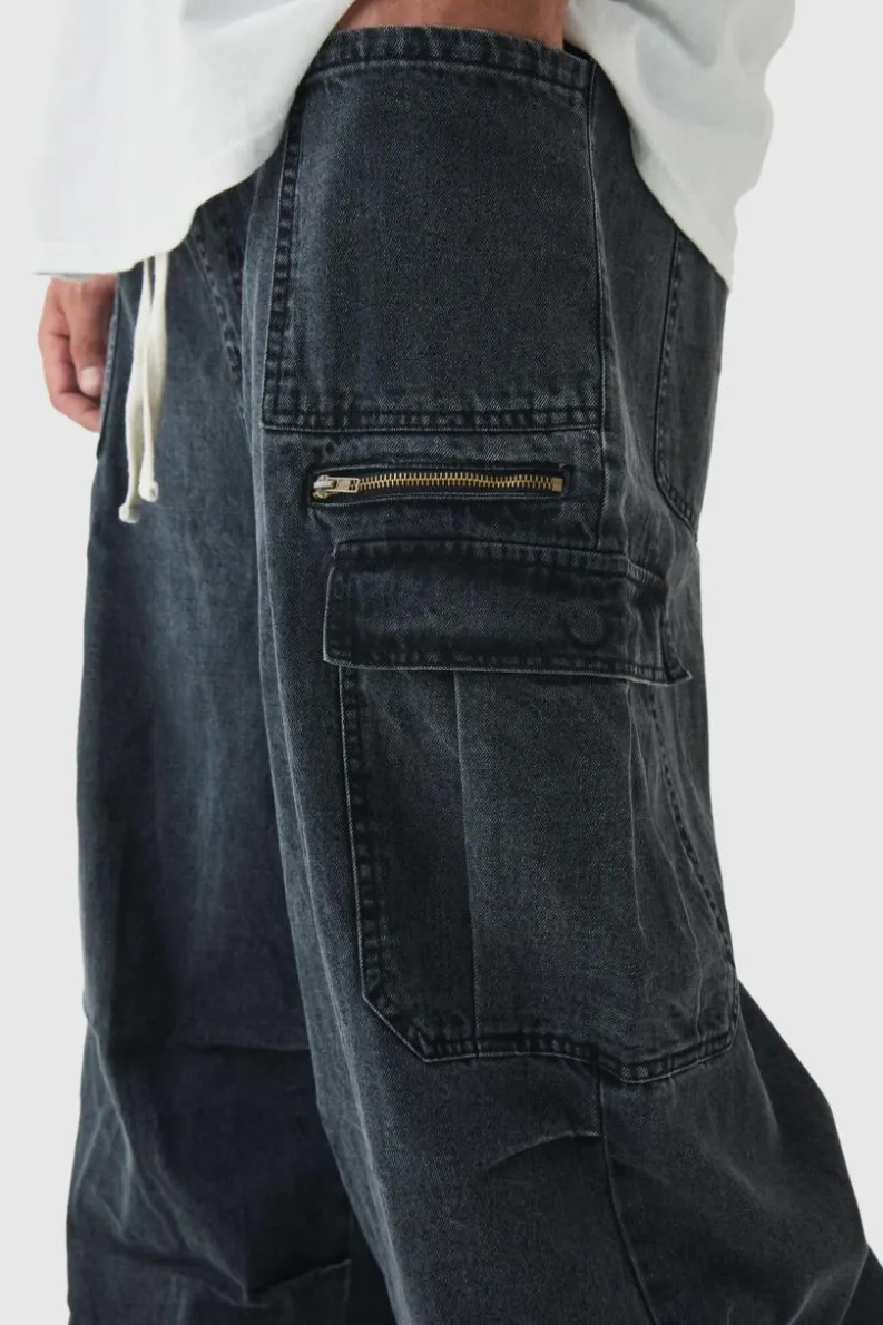 Discount boohooMAN Plus Elasticated Waist Acid Wash Parachute Cargo Jeans black