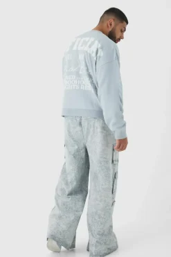 Shop boohooMAN Plus Elasticated Waist Extreme Baggy Heavyweight Washed Multi Cargo Trousers grey