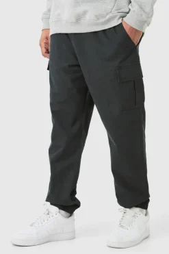 Shop boohooMAN Plus Elasticated Waist Slim Fit Cargo Trousers black