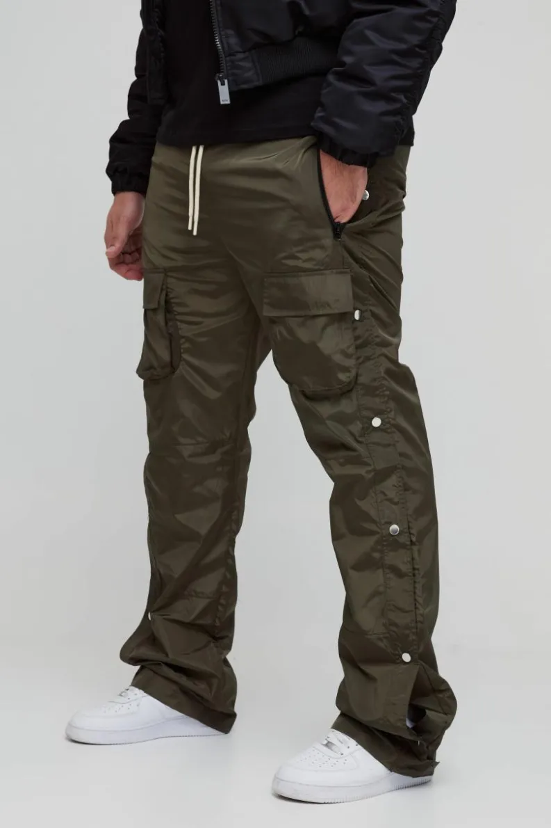 Cheap boohooMAN Plus Elasticated Waist Slim Flare Stacked Cargo Trousers khaki