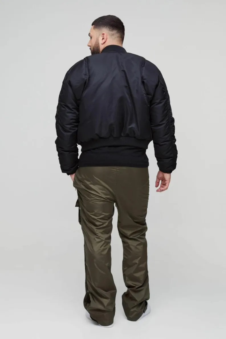 Cheap boohooMAN Plus Elasticated Waist Slim Flare Stacked Cargo Trousers khaki