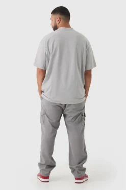 Shop boohooMAN Plus Elastic Waist Straight Fit Cargo Trousers grey