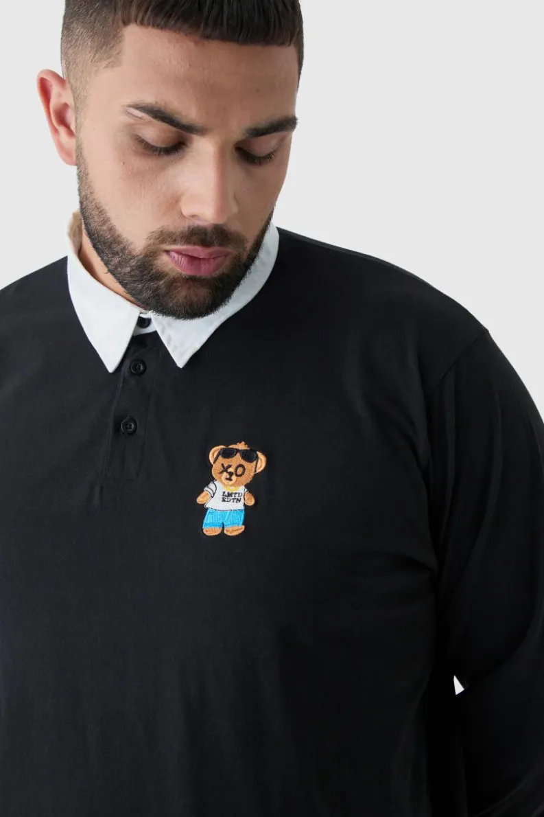 Sale boohooMAN Plus Embroidered Rugby Polo black
