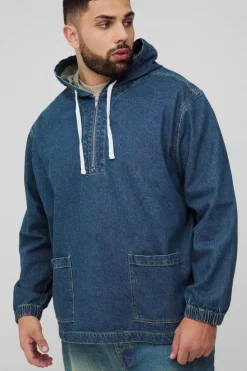 Flash Sale boohooMAN Plus Extended Drawcord Denim Hoodie mid wash