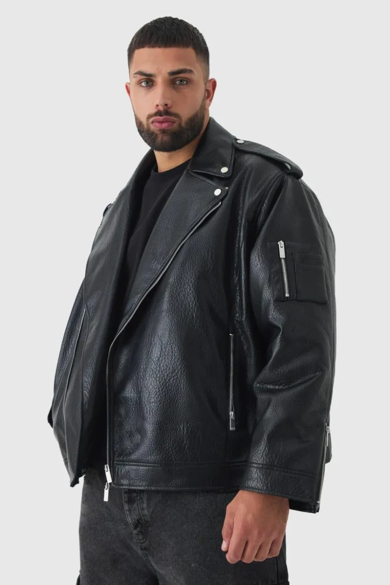 Best boohooMAN Plus Extreme Oversized Textured PU Biker Jacket In black