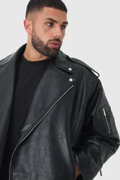 Best boohooMAN Plus Extreme Oversized Textured PU Biker Jacket In black