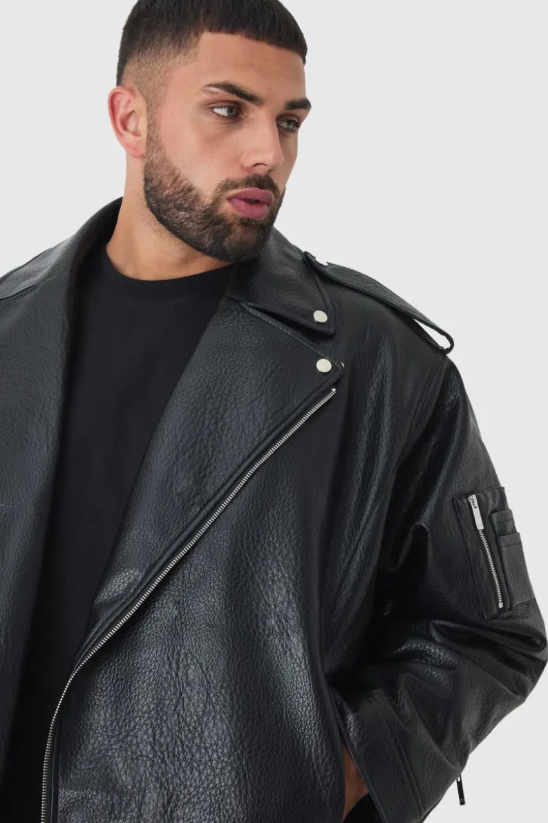 Best boohooMAN Plus Extreme Oversized Textured PU Biker Jacket In black