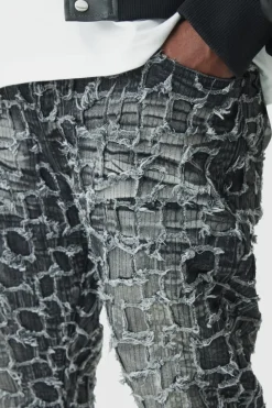 Sale boohooMAN Plus Extreme Patchwork Double Layered Flared Jeans washed black