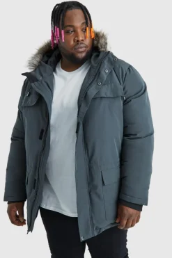 Outlet boohooMAN Plus Faux Fur Hooded Arctic Parka Jacket in charcoal