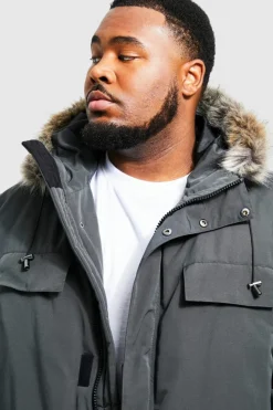 Outlet boohooMAN Plus Faux Fur Hooded Arctic Parka Jacket in charcoal