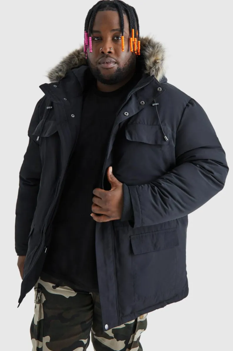 Online boohooMAN Plus Faux Fur Hooded Arctic Parka Jacket in black