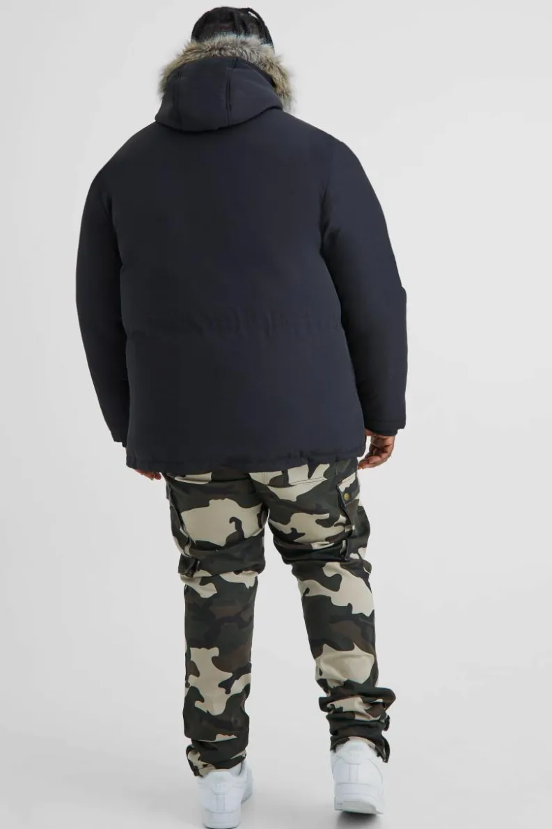 Online boohooMAN Plus Faux Fur Hooded Arctic Parka Jacket in black
