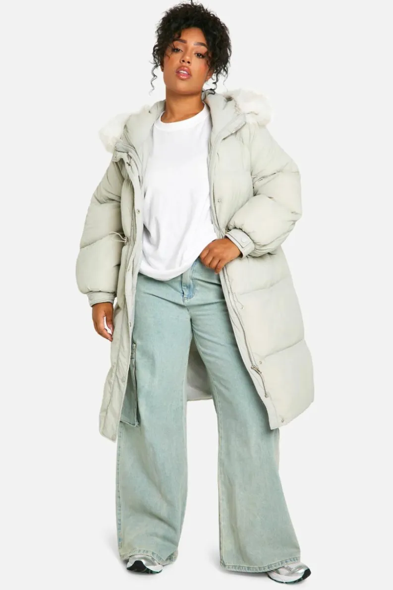 Shop boohoo Plus Faux Fur Hood Padded Parka sage