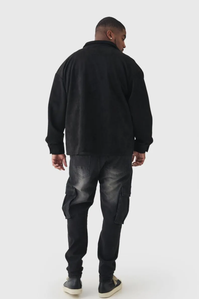 Best Sale boohooMAN Plus Faux Suede Button Through Overshirt black