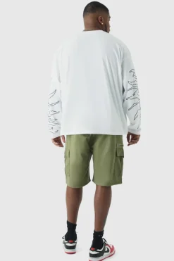 Store boohooMAN Plus Fixed Waist Twill Relaxed Cargo Zip Detail Tab Short khaki
